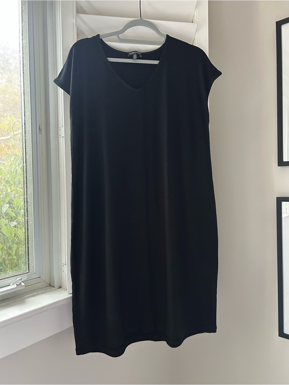 Eileen Fisher Black V-Neck Midi Shift Dress
